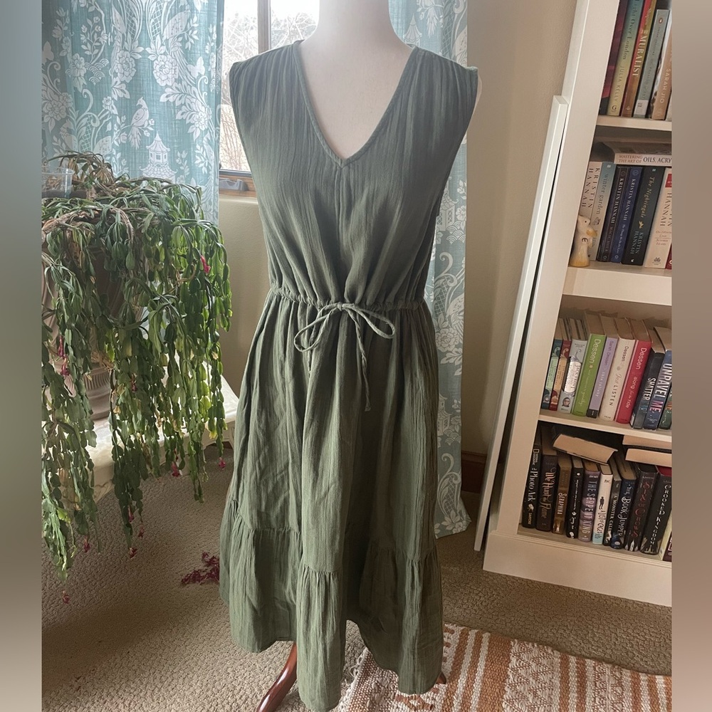 Women's Olive Green Maxi Dress with Tie Waist